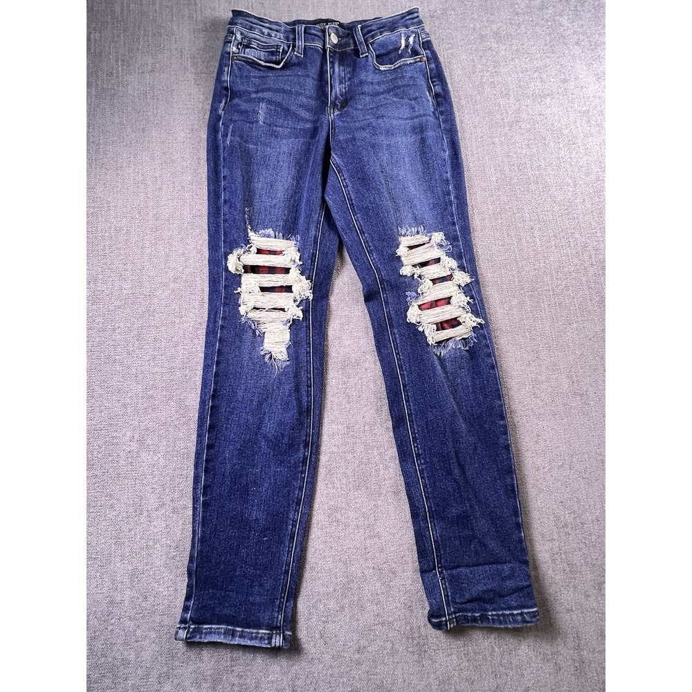 Judy Blue Jeans Women 3/26 Distressed Buffalo Plaid Patches Blue Boyfriend Fit